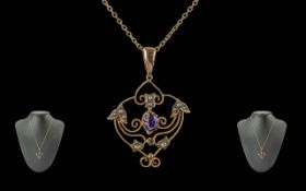 Edwardian Period 1901 - 1910 Ladies 9ct Gold Open Work Attractive Pendant Set with Amethysts and