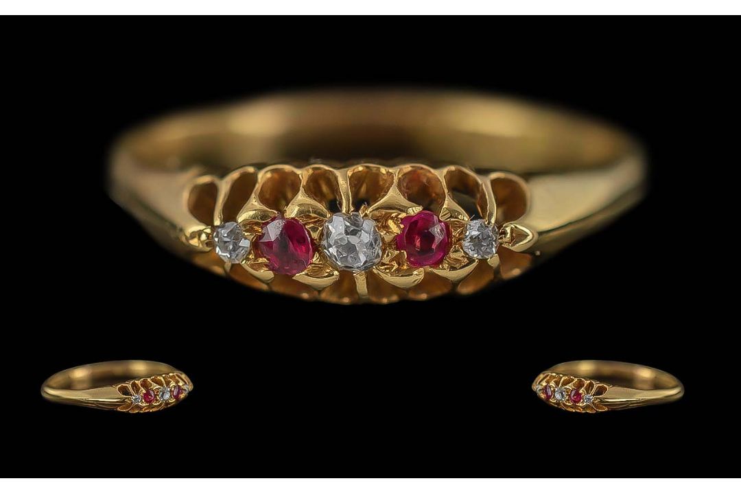 Victorian Period 1837 - 1901 18ct Gold 5 Stone Ruby and Diamond Set Ring, gallery setting,