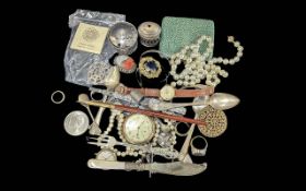 Bag of Collectables. Includes Costume Jewellery, Silver, Pocket Watch, Cigarette Case, Thimble etc.