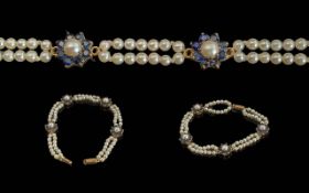 Ladies - Attractive 9ct Gold Pearl and Sapphire Set Bracelet, Marked 9ct. The Well Matched Pearls of