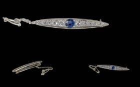 Art Nouveau - Platinum Marquise Shaped Diamond and Blue Sapphire Set Bar - Brooch. With Round Blue