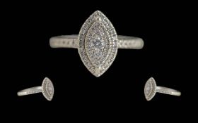 Ladies Contemporary 9ct White Gold Diamond Set Cluster Ring - Full Hallmark To Interior Of Shank.