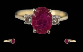 Ladies Pleasing Quality 18ct Gold 3 Stone Ruby & Diamond Set Ring - Full Hallmark To Interior Of