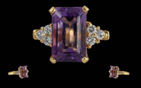Ladies 14ct Gold Pleasing Quality Amethyst and Diamond Set Dress Ring. Marked 585 - 14 ct to