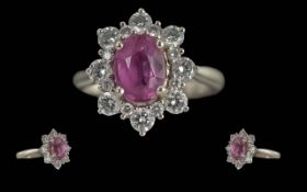 Ladies Fine Quality 18ct Gold Rubelitte and Diamond Set Cluster Ring. Full Hallmark to Interior of