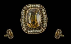 Early Victorian Period Large Citrine and Seed Pearl Set Ring, Gold Marks to Interior of Shank, The