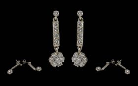 Ladies Pleasing Quality 18ct White Gold Diamond Set Drop Earrings. Marked 18ct. The Well Matched