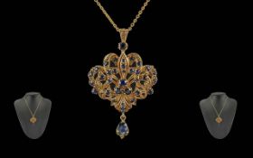 Antique Period Ladies 9ct Gold Impressive Sapphire Set Pendant / Brooch. Full Hallmark to Back of