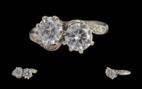 Ladies - Pleasing Quality 18ct White Gold and Platinum Two Stone Diamond Set Ring, Marked to