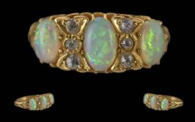 Antique Period Attractive Ladies 18ct Gold Opal and Diamond Set Ring, Full Hallmark to Interior of