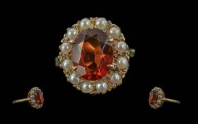 Early Victorian Period Pleasing Ladies 9ct Gold Topaz And Seed Pearl Set Cluster Ring - Not Marked