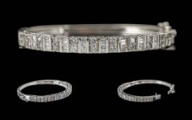 Ladies Good Quality 14ct White Gold Baguette and Brilliant Cut Diamond Set Hinged Bangle. Marked