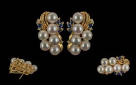 Ladies Superb Quality 18ct Gold Large Pair of Pearl & Sapphire Cluster Earrings. The well-matched