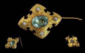 Georgian Period - Excellent Quality 18ct Gold Aquamarine and Pearl Set Brooch, Not Marked but