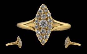 Antique Period Ladies 18ct Gold Excellent Boat Shaped Petite Diamond Set Ring, The Well Matched Pave