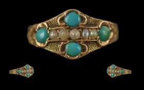 Victorian Period 1837 - 1901 Ladies 15ct Gold - Petite Turquoise and Seed Pearl Set Ring, Full