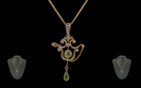 Antique Period Ladies Attractive 9ct Gold - Exquisite Open Worked Pendant Set with Peridot and