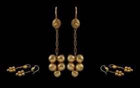 Antique Period Ladies Pair of 15ct Gold Baubles Designed Earrings. Drop 1.3/4 Inches - 4 cms High.