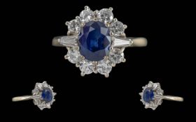 Ladies - 1950's 18ct White Gold & Blue Sapphire and Diamond Set Cluster Ring. Marked 18ct to