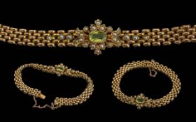 Victorian Period Ladies Fine Quality 15ct Gold Peridot and Seed Pearl Set Bracelet, Marked 15ct. The