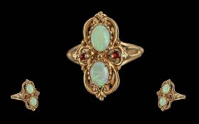 Ladies Ornate Setting 10ct Gold Two Stone Ruby & Opal Set Ring. Marked 10ct. The well matched