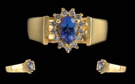 Ladies Good Quality 14ct Gold Sapphire & Diamond Set Cluster Ring. Flowerhead design, marked 585 -