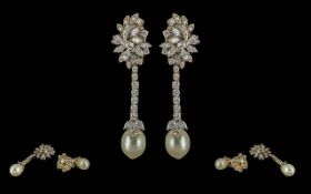 Ladies Fine Quality 14ct White Gold Diamond and Pearl Set Drop Earrings. Set with Marquise - Step-