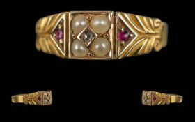 Victorian Period 1837 - 1901 Ladies 18ct Gold Exquisite Pearl - Diamond - Ruby Set Ring.