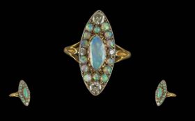 Antique Period Fine Quality Ladies Impressive Marquise Shaped Opal and Diamond Set Dress Ring,
