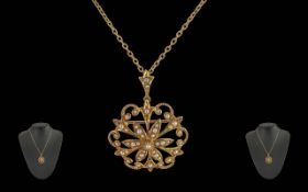 Antique Period Excellent 15ct Openwork Circular Pendant Brooch set with seed pearls with attached