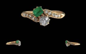 Ladies 18ct Gold Pleasing Two Stone Emerald & Diamond Set Ring - With Diamond Set Shoulders,