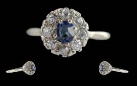Ladies Fine Petite Antique Period 18ct White Gold Sapphire And Diamond Set Cluster Ring - Flower