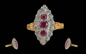 Ladies - Impressive 18ct Gold Boat Shaped Ruby and Diamond Set Dress Ring.