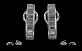 Ladies - Fine Pair of 18ct White Gold Baguette Cut Diamond Earrings of Elegant Design.