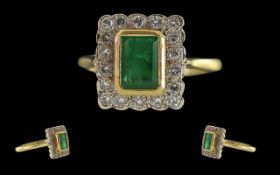 Ladies Pleasing Form 18ct Gold Square Shaped Emerald & Diamond Set Ring,