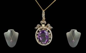 Antique Period - Quality Ladies 12ct Gold White Enamel Diamond, Pearl & Amethyst Set Pendant. c.