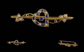 Edwardian Period 1902 - 1910 Ladies 9ct Gold Sapphire and Pearl Set Sweetheart Brooch,