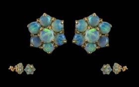 Ladies Pair of 9ct Gold Opal Cluster Set Earrings with Full Hallmark. Marked 9.375 to Posts.