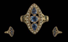 Ladies Attractive 9ct Gold Sapphire And seed Pearl Set Dress Ring - Of Boat Shaped Form.