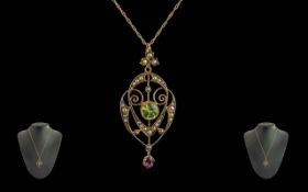 Antique Period Ladies 9ct Gold Exquisite Open Worked Pendant Set with Seed Pearls and Peridot.