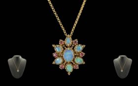 Ladies Attractive 9ct Gold Opal Set Pendant Brooch, Attached to a Good Quality 9ct Gold Chain.