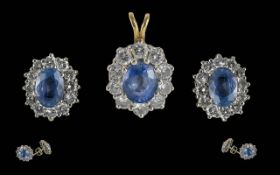 Ladies - Fine Pair of 18ct Gold Diamond and Sapphire Set Earrings with Matching Pendant.