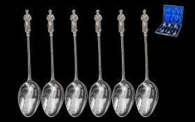 Edwardian Period 1902 - 1910 Fine Boxed Set of Six Sterling Silver Apostle Teaspoons. Hallmark