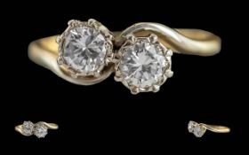 Ladies 18ct Gold and Platinum Two Stone Diamond Set Ring, Marked 18ct and Platinum to Interior of