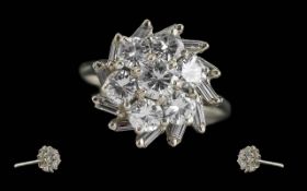 Ladies Pleasing 18ct White Gold Diamond Set Cluster Ring. c.1950's. Full Hallmark to Interior of