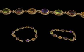 Ladies Excellent 9ct Gold Multi-Gem Set Bracelet, Marked 9.375. Gems Includes Peridot, Citrine,