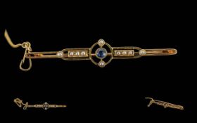 Edwardian Period 1902 - 1910 Ladies 15ct Gold Sapphire and Pearl Set Brooch with Safety Chain.