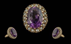 Ladies - Impressive 9ct Gold Amethyst and Seed Pearl Ring. Full Hallmark to Interior of Shank. The