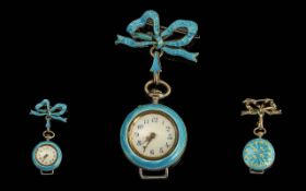 Antique Period Quality French - Swiss Ladies Pastel Blue Enamel ( Guilloche ) and Silver Nurses