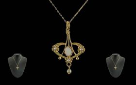 Ladies 9ct Gold - Pleasing Art Nouveau Opal and Pearl Set Open Worked Pendant with Pearl Drop,